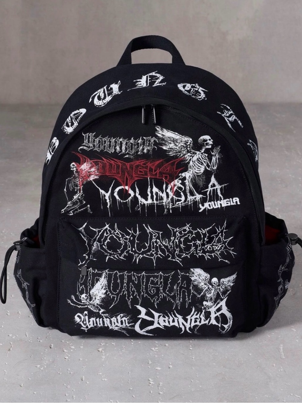YoungLA Black Graphic Skull Logo Backpack with Red Accents